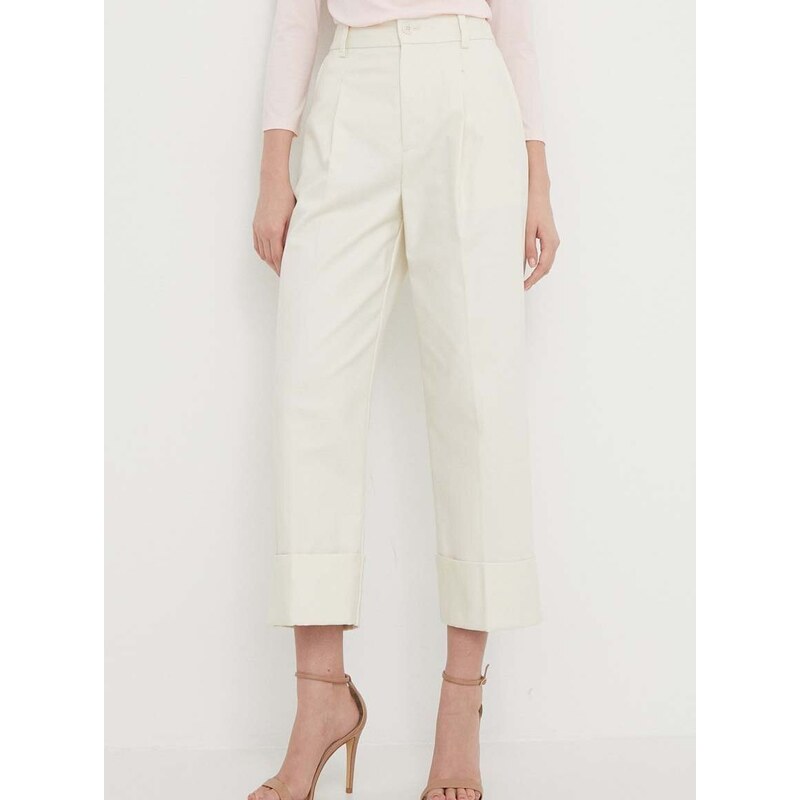 Kalhoty Lauren Ralph Lauren dámské, béžová barva, jednoduché, high waist