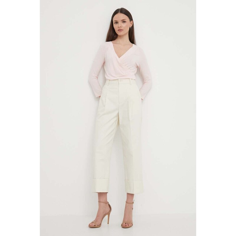 Kalhoty Lauren Ralph Lauren dámské, béžová barva, jednoduché, high waist