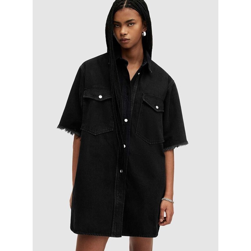 Džínové šaty AllSaints LILY SS DENIM DRESS černá barva, mini, oversize, W073DA