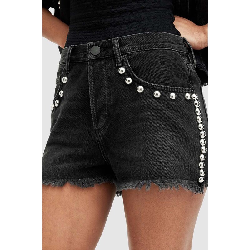 Bavlněné riflové kraťasy AllSaints HEIDI STUD SHORTS černá barva, s aplikací, high waist, WE509Z