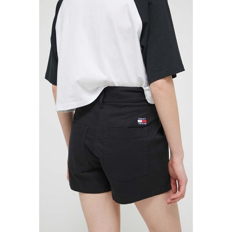 Kraťasy Tommy Jeans dámské, černá barva, hladké, high waist