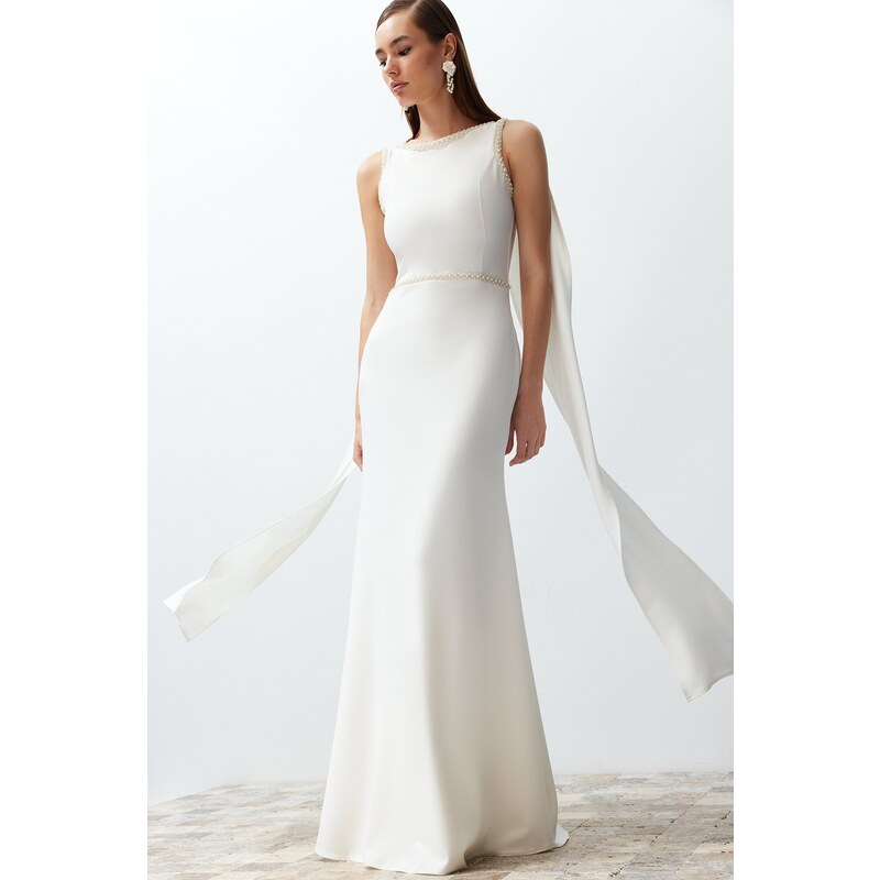 Trendyol Bridal White Pearl Detailed Wedding/Wedding Long Evening Dress