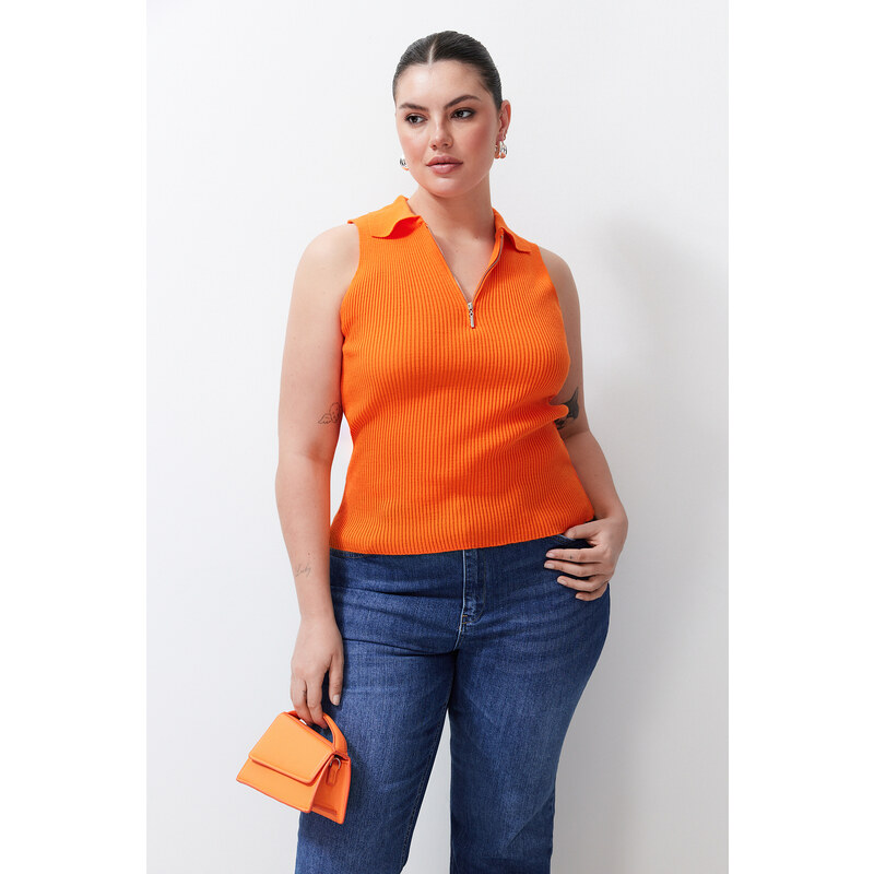 Trendyol Curve Orange Bodysuit Fine Knitwear Zippered Blouse