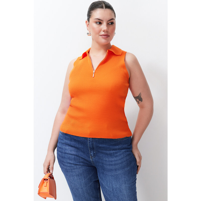 Trendyol Curve Orange Bodysuit Fine Knitwear Zippered Blouse