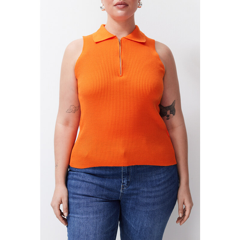 Trendyol Curve Orange Bodysuit Fine Knitwear Zippered Blouse