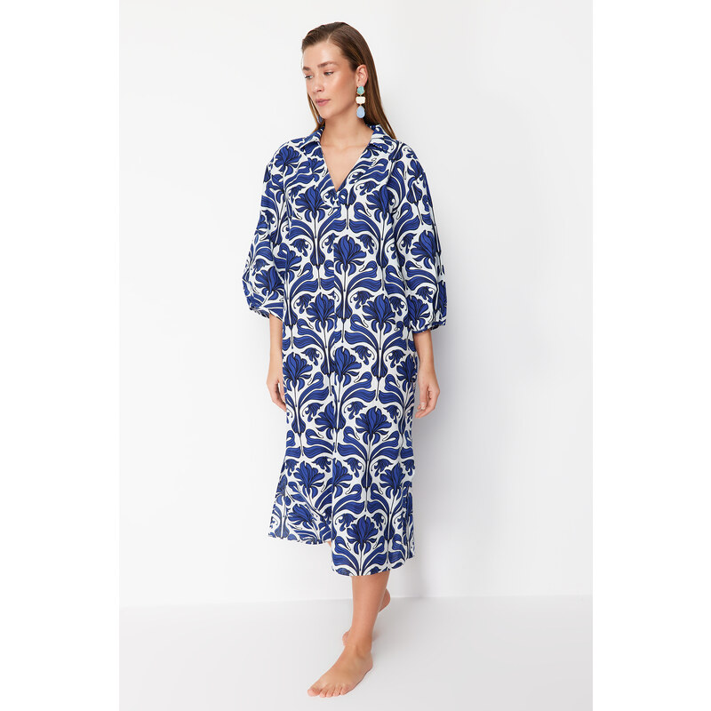 Trendyol Ethnic Pattern Wide Fit Midi Woven 100% Cotton Beach Dress