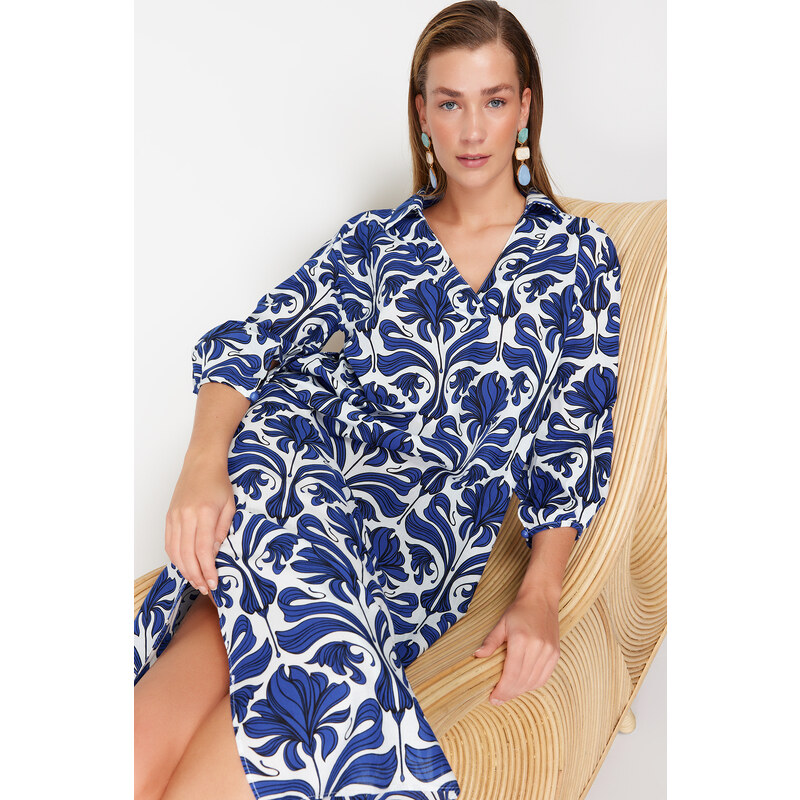 Trendyol Ethnic Pattern Wide Fit Midi Woven 100% Cotton Beach Dress