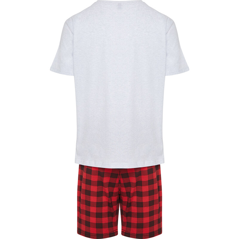 Trendyol Gray - Red Regular Fit Plaid Embroidered Knitted Pajama Set