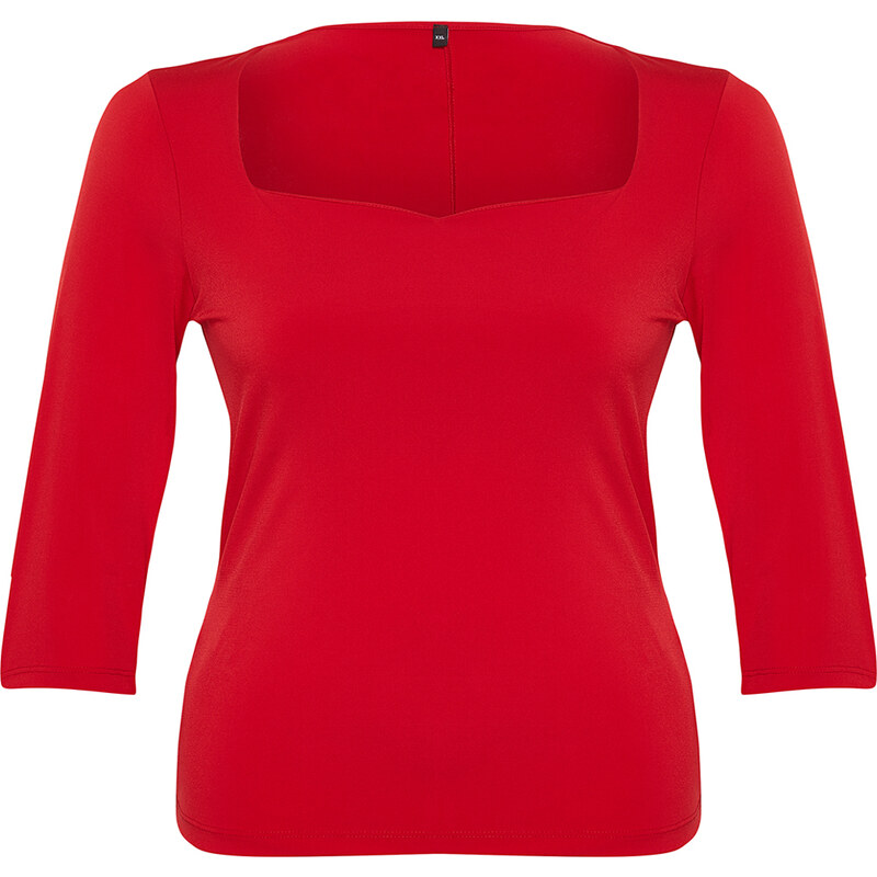 Trendyol Curve Red Heart Neck Fitted Knitted Blouse