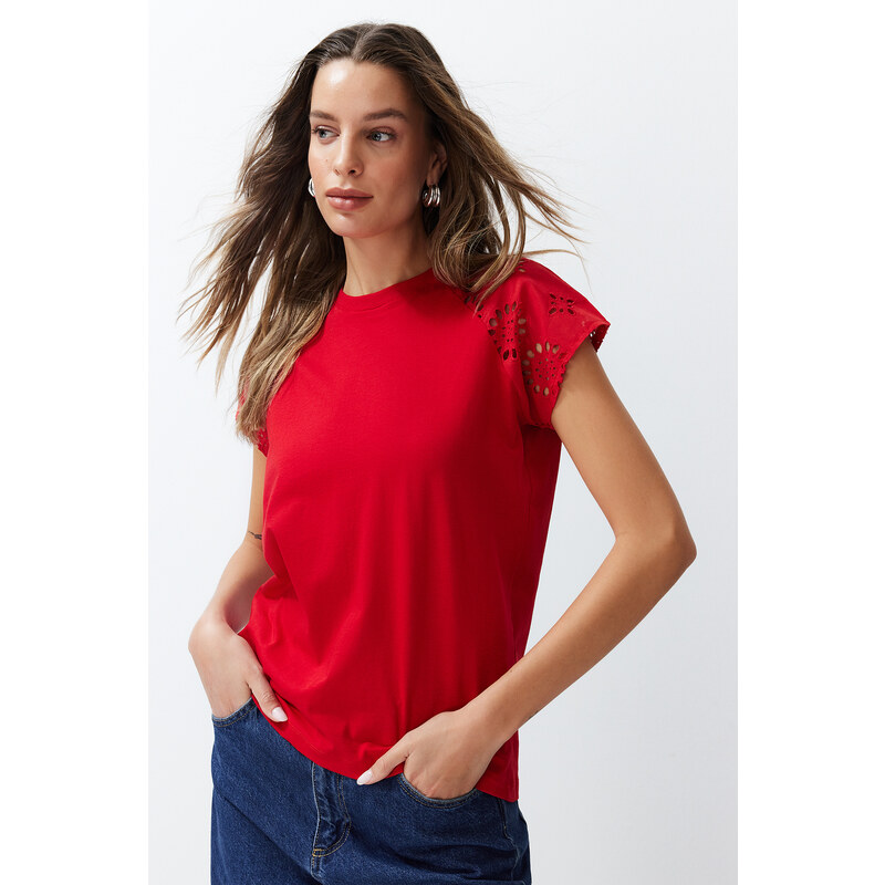 Trendyol Red Regular/Normal Fit Brode Detail Raglan Sleeve Knitted T-Shirt