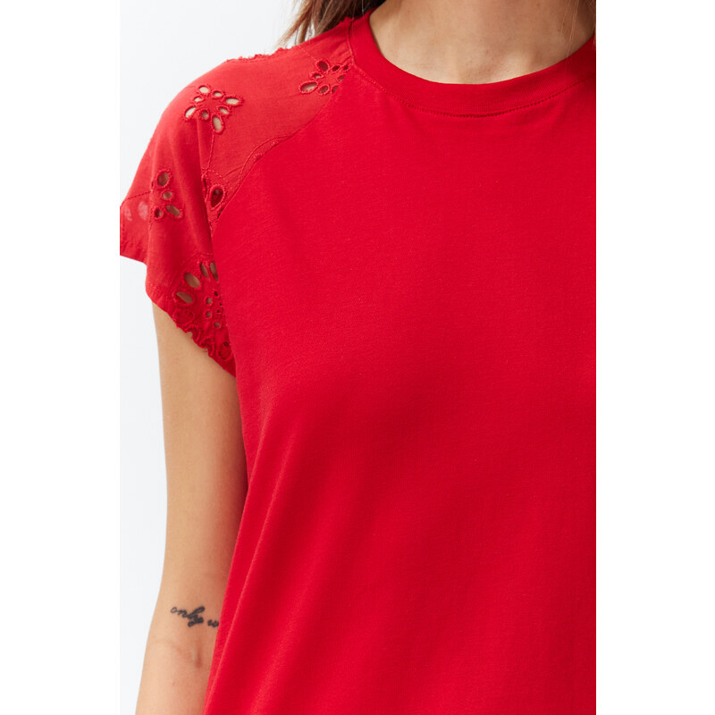 Trendyol Red Regular/Normal Fit Brode Detail Raglan Sleeve Knitted T-Shirt