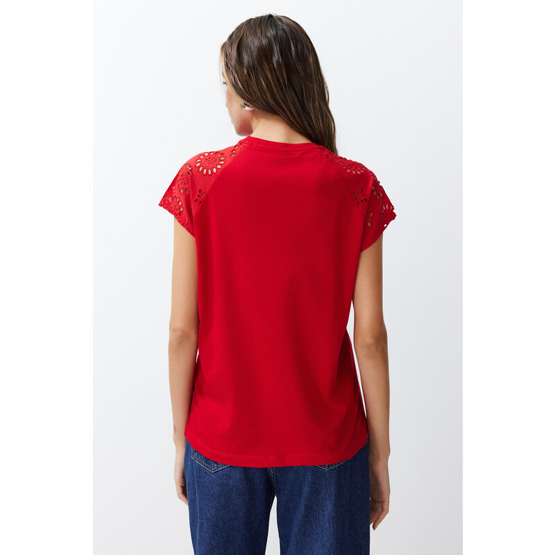 Trendyol Red Regular/Normal Fit Brode Detail Raglan Sleeve Knitted T-Shirt