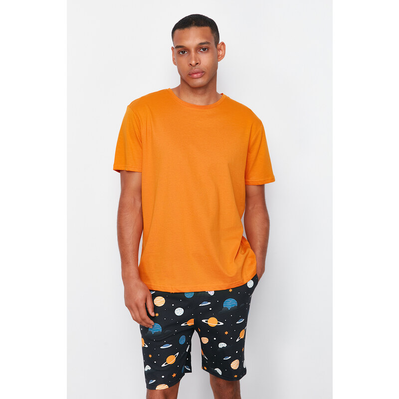 Trendyol Orange Regular Fit Printed Knitted Pajamas Set