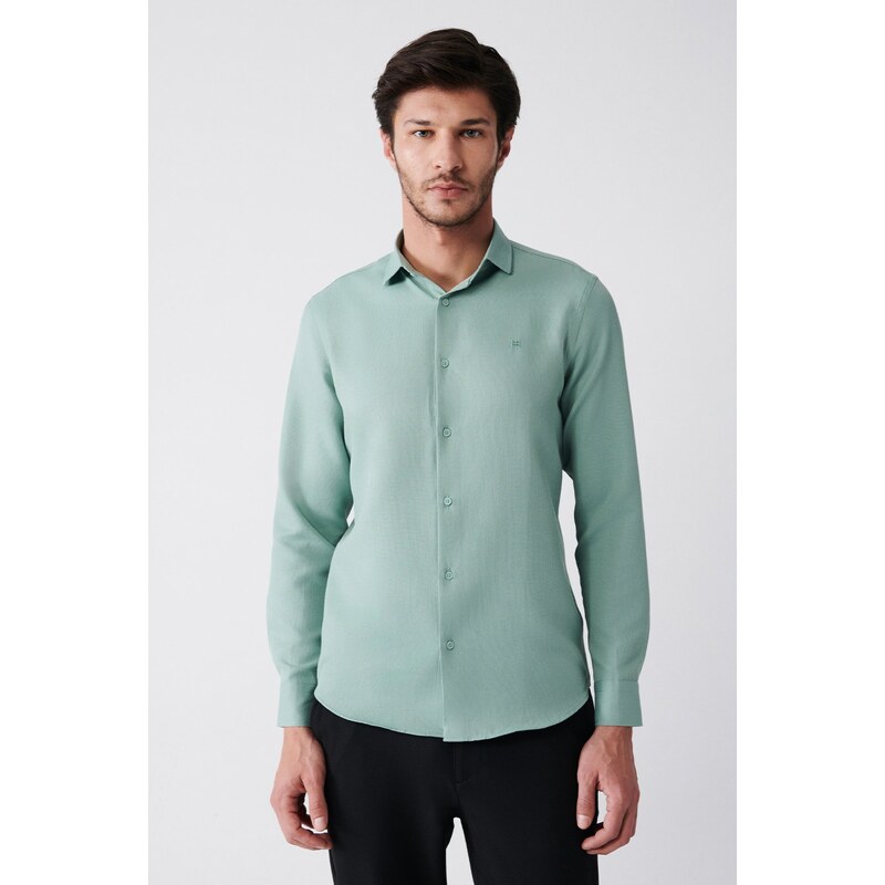 Avva Men's Green Easy-to-Iron Classic Collar See-through Cotton Slim Fit Slim Fit Shirt