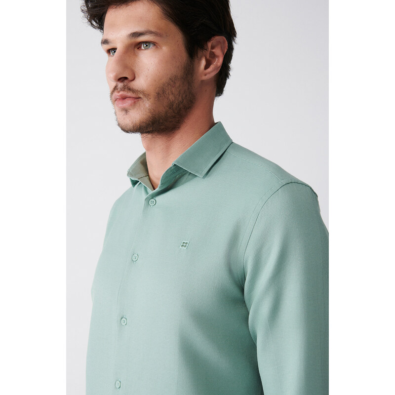 Avva Men's Green Easy-to-Iron Classic Collar See-through Cotton Slim Fit Slim Fit Shirt