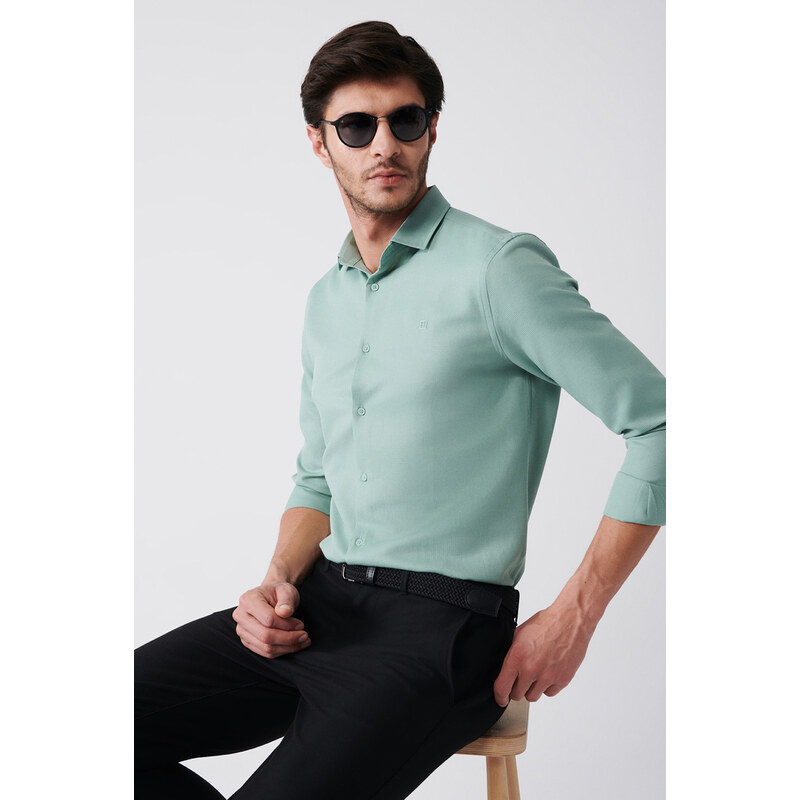 Avva Men's Green Easy-to-Iron Classic Collar See-through Cotton Slim Fit Slim Fit Shirt