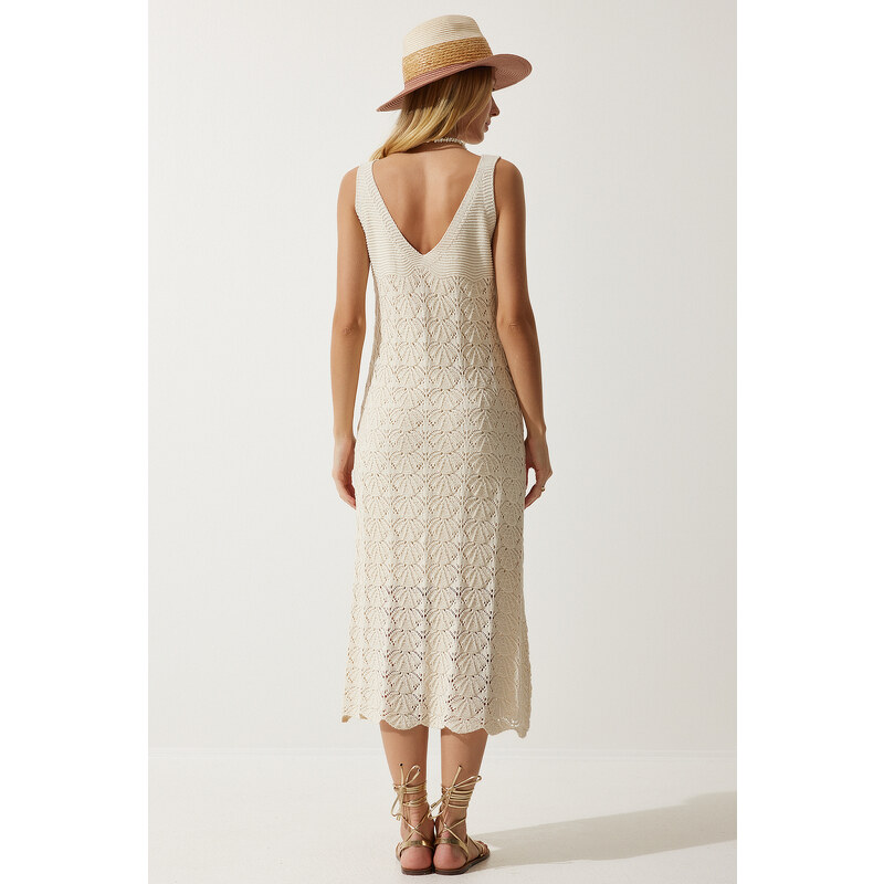 Happiness İstanbul Women's Cream Strappy Summer Knitwear Dress