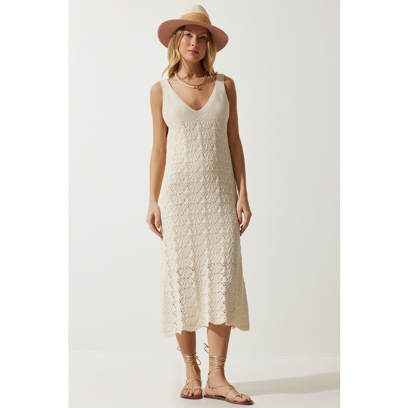 Happiness İstanbul Women's Cream Strappy Summer Knitwear Dress