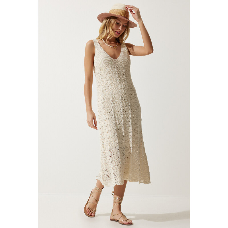 Happiness İstanbul Women's Cream Strappy Summer Knitwear Dress