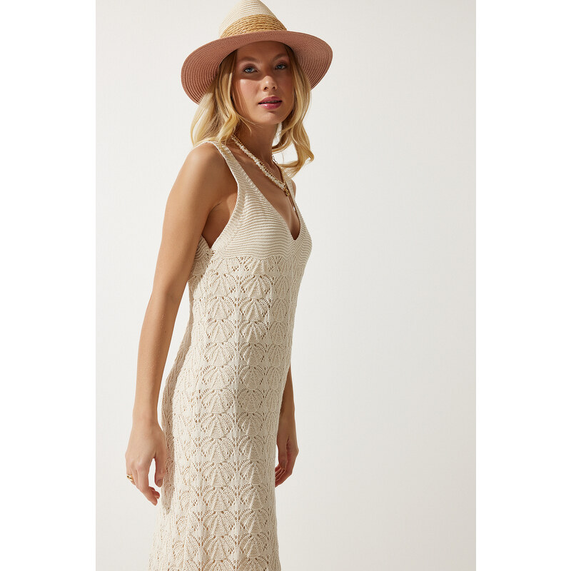 Happiness İstanbul Women's Cream Strappy Summer Knitwear Dress