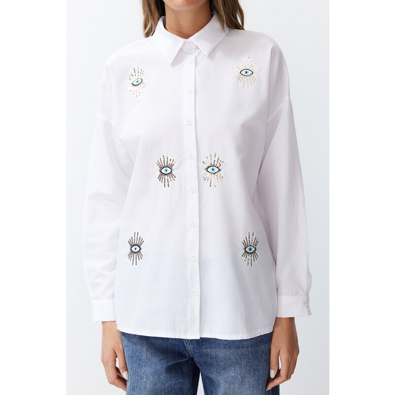 Trendyol Ecru Eye Embroidered Woven Shirt