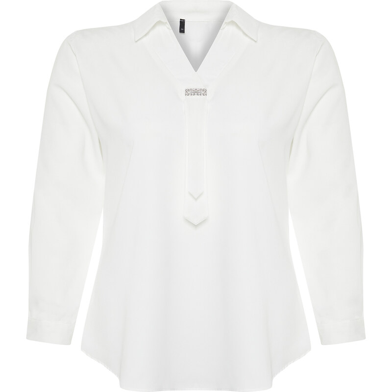 Trendyol Curve White Woven Plus Size Stone Shirt Collar Blouse