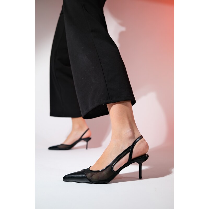 LuviShoes RAVENNA Women's Black Pointed Toe Open Back Stiletto Heel Shoes