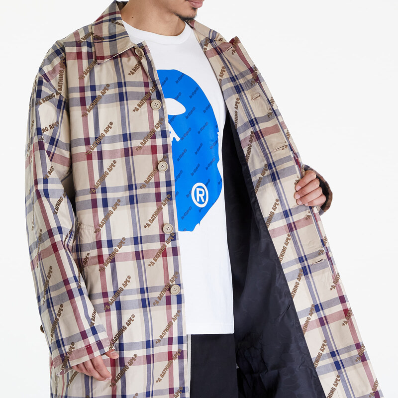 Pánská bunda A BATHING APE Logo Check Pattern Long Coat Beige