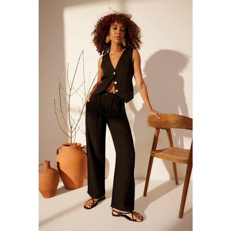 Trendyol Black 100% Linen Pleated High Waist Wide Leg Trousers 115739601