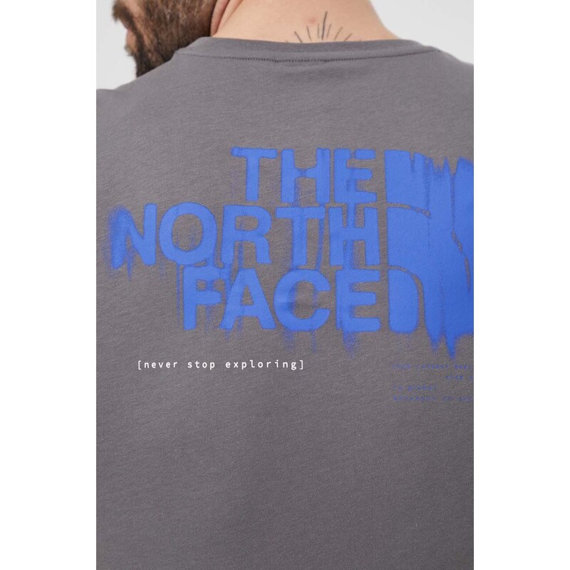 Bavlněné tričko The North Face šedá barva, s potiskem, NF0A87EW0UZ1