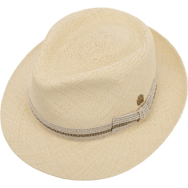 Mayser Luxusní panamský klobouk Fedora Bogart s béžovou stuhou - ručně pletený, UV faktor 80 - Pablito