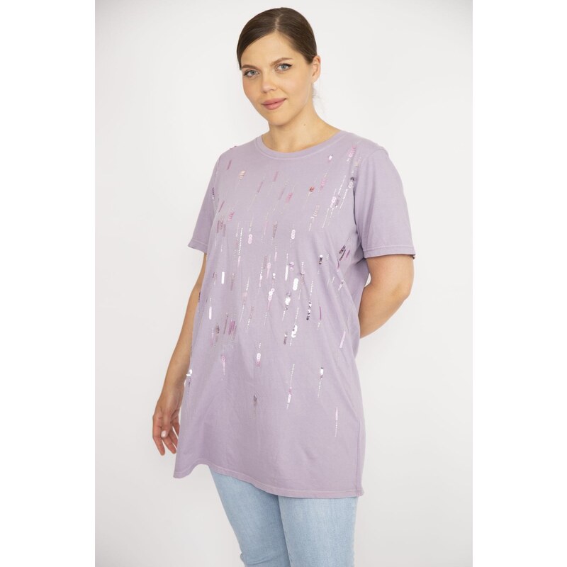 Şans Women's Plus Size Lilac Sequin And Stone Embroidered Crew Neck Blouse