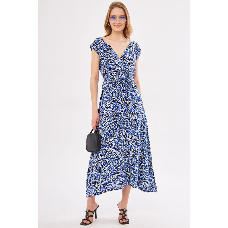 armonika Women's Saks Efta Dress Back And Front Side Double Breasted Belted Patterned Midi Length