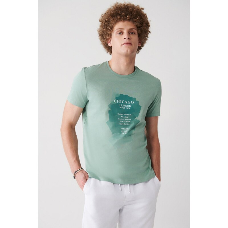 Avva Men's Water Green 100% Cotton Crew Neck Printed Comfort Fit Relaxed Cut T-shirt