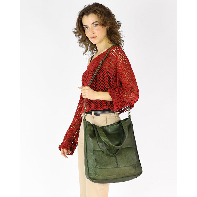 Dámská shopper taška A4 přírodní kůže s kapsami Kabelky od Hraběnky; zelená