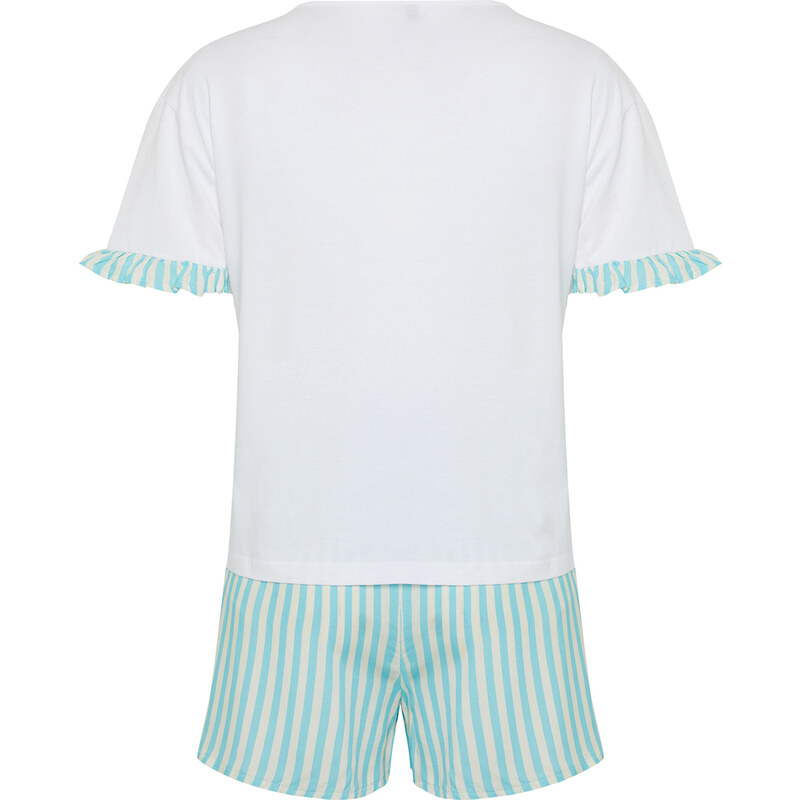 Trendyol White 100% Cotton Striped Knitted Pajamas Set With Bag Gift