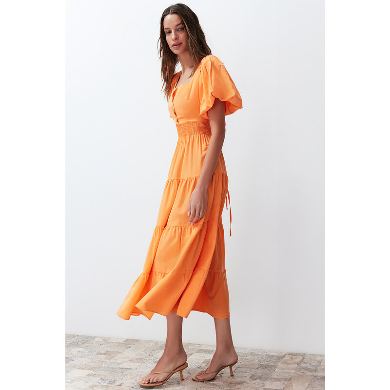 Trendyol Orange Waist Opening Gipe and Back Detailed Square Collar Woven Dress