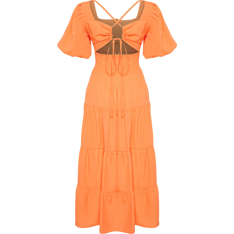 Trendyol Orange Waist Opening Gipe and Back Detailed Square Collar Woven Dress