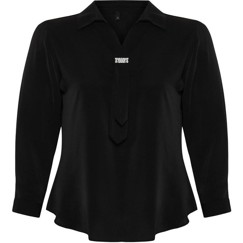 Trendyol Curve Black Woven Plus Size Jewelled Shirt Collar Blouse