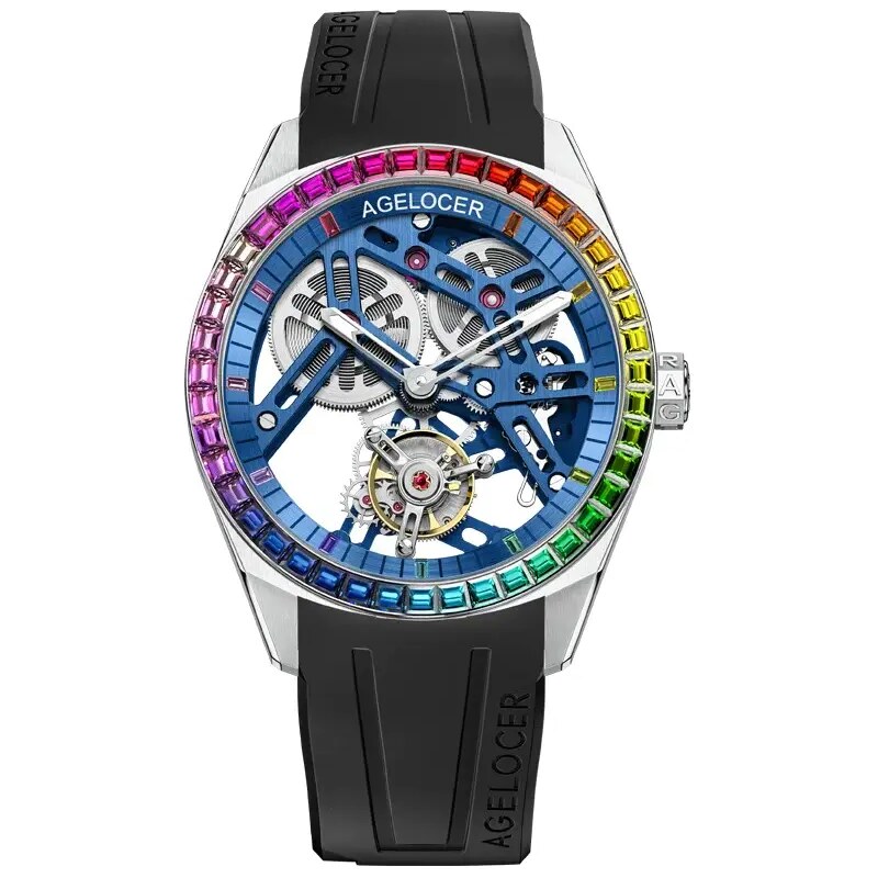 Agelocer Watches Stříbrné pánské hodinky Agelocer s gumovým páskem Tourbillon Rainbow Series Silver / Blue 42MM