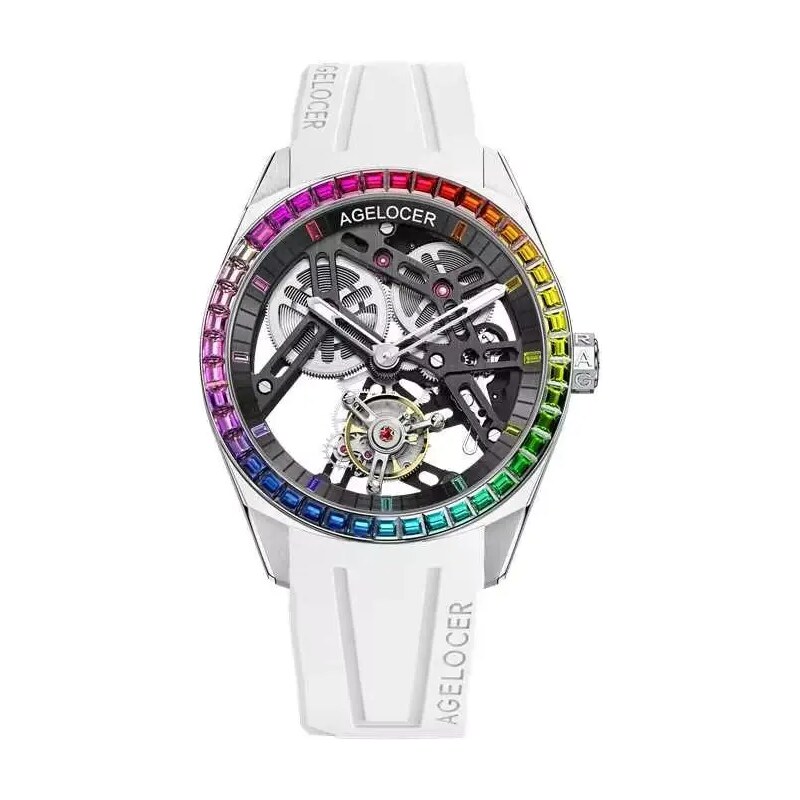 Agelocer Watches Stříbrné pánské hodinky Agelocer s gumovým páskem Tourbillon Rainbow Series Silver / White Black 42MM