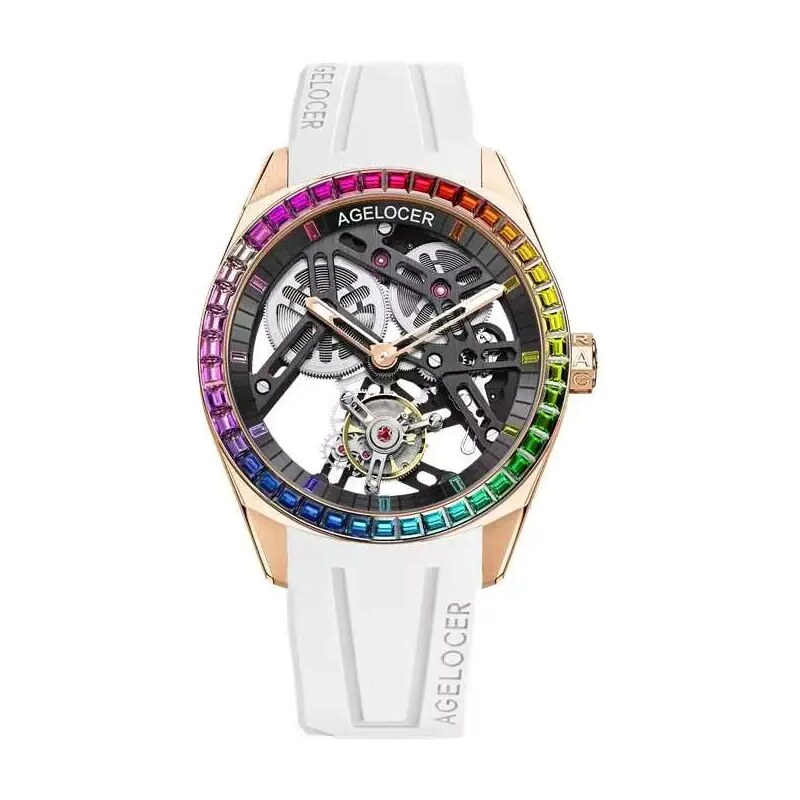 Agelocer Watches Zlaté pánské hodinky Agelocer s gumovým páskem Tourbillon Rainbow Series White 42MM