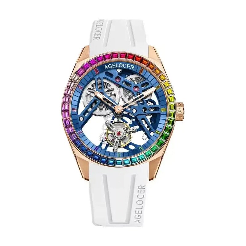 Agelocer Watches Zlaté pánské hodinky Agelocer s gumovým páskem Tourbillon Rainbow Series White / Blue 42MM