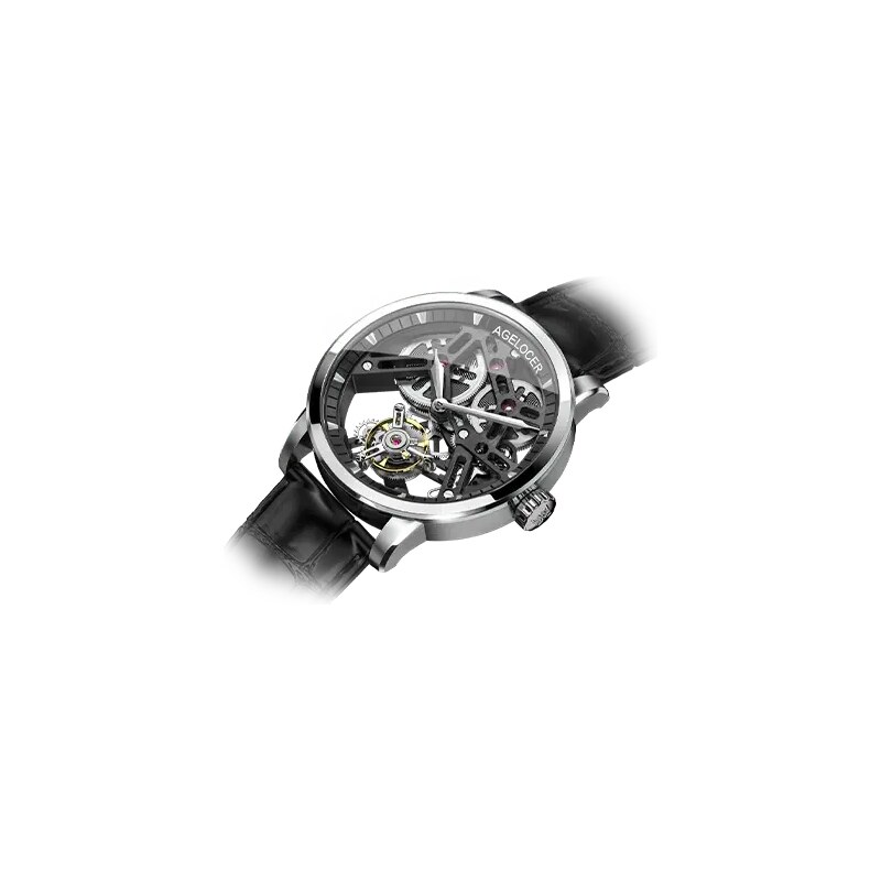 Agelocer Watches Stříbrné pánské hodinky Agelocer s koženým páskem Tourbillon Series Silver / Black 40MM