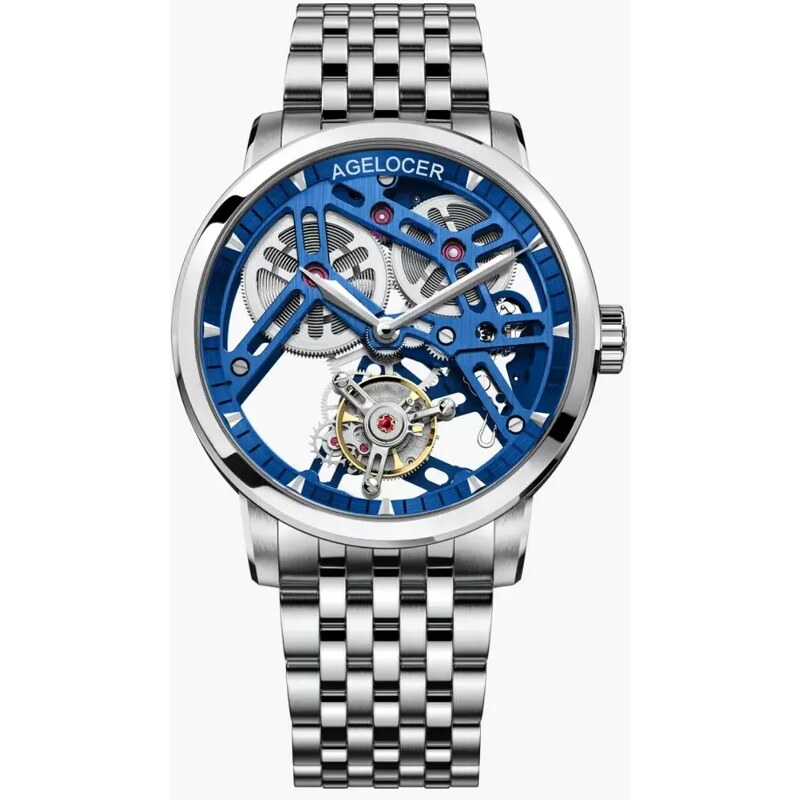 Agelocer Watches Stříbrné pánské hodinky Agelocer s ocelovým páskem Tourbillon Series Silver / Blue 40MM