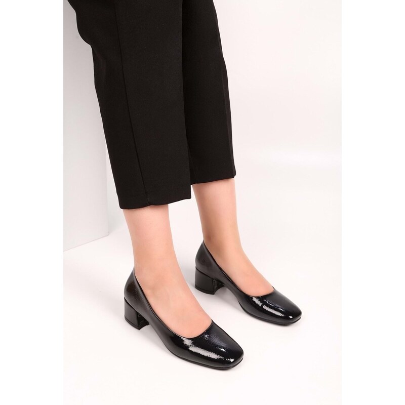 Shoeberry Women's Sune Black Patent Leather Heeled Shoes