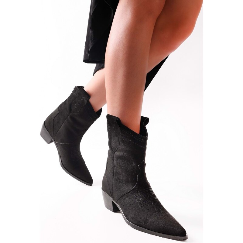 Shoeberry Women's Grecia Black Suede Western Boots Black Suede