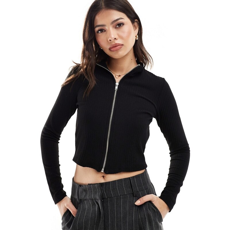 ONLY ribbed zip through top in black