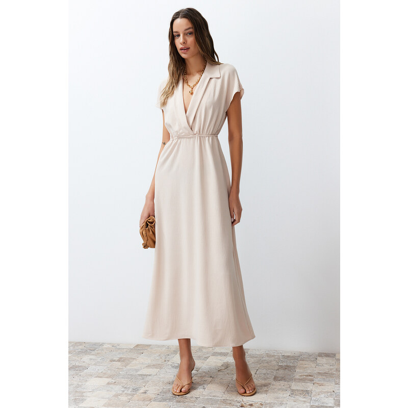 Trendyol Beige A-Line Double Breasted Neck Aerobin Woven Midi Dress