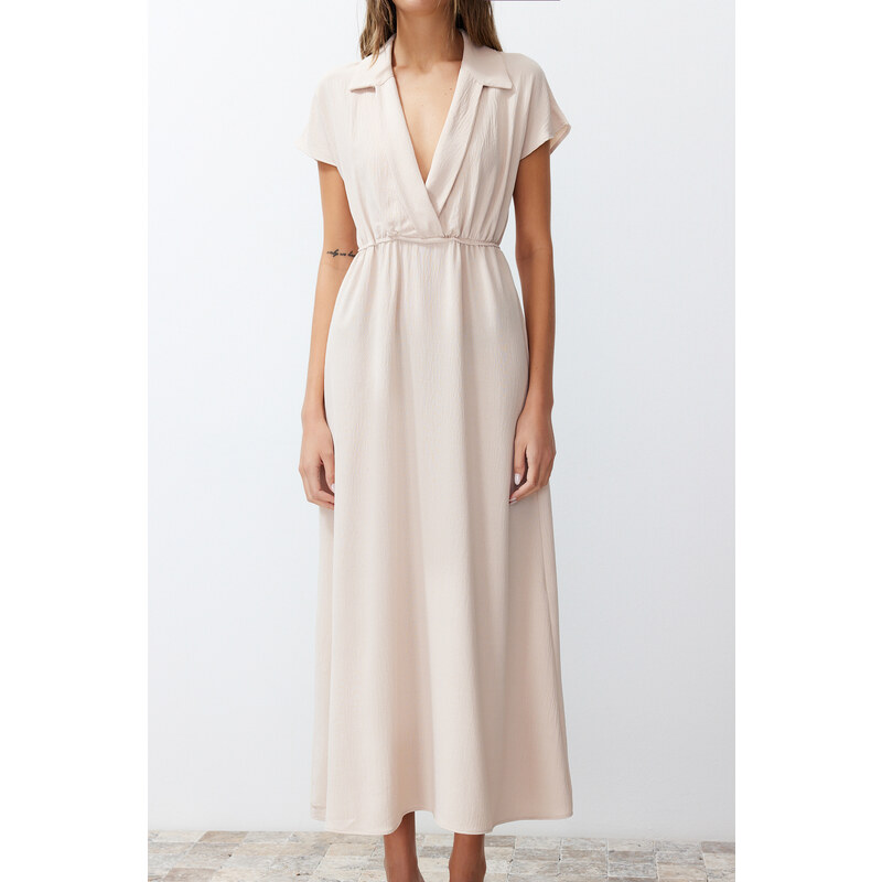 Trendyol Beige A-Line Double Breasted Neck Aerobin Woven Midi Dress